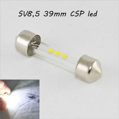SLP LED светодиодная лампа в подсветку салона, номеров, цоколь SV8.5(C5W)(C10W) 39mm. 3 CSP led, 12 В. 6500К