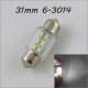 Светодиодная лампа в подсветку салона, номеров цоколь SV8,5(C5W) 31mm 3014 6 LED Белый